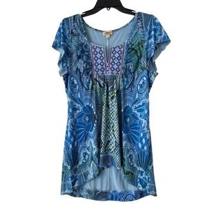 One World Blue Snakeskin Mandala Embroidered Rhinestone Tunic Top Cap Sleeve L